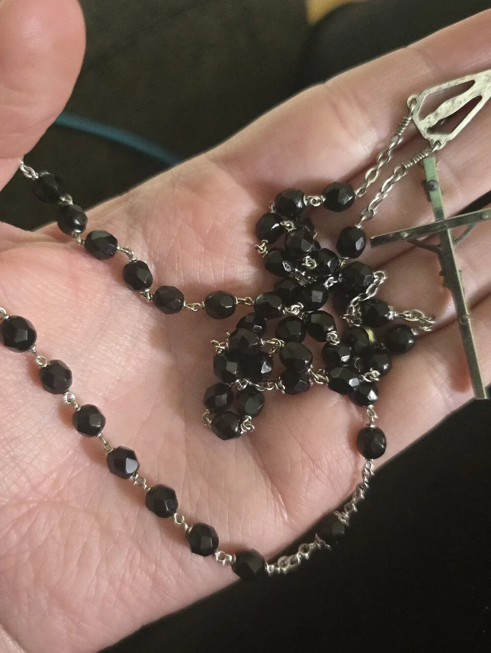 Vintage Rosary Black Faceted Glass Beaded Silver Tone Mary Catholic